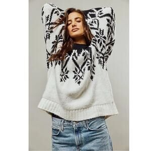 Free People Oversized Chunky Knit Fireside Tunic Sweater Ivory Black Large